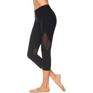 Charaland Mesh Yoga Capri Leggings for Women with Pocket Butt Left Black L